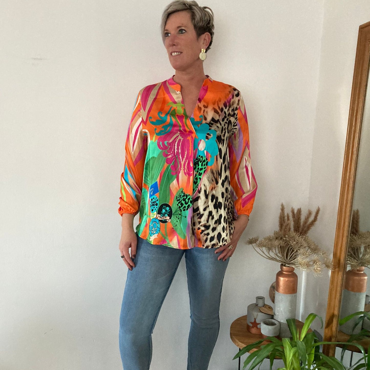 Blouse print multi color oranje