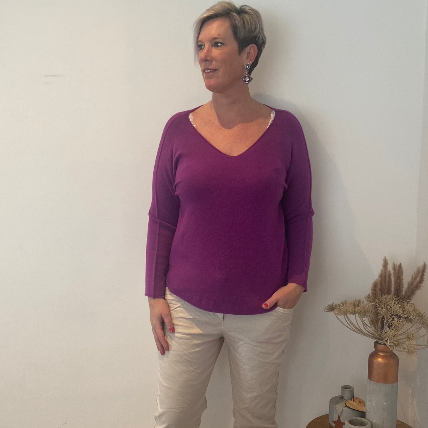 Trui met V-hals donker paars