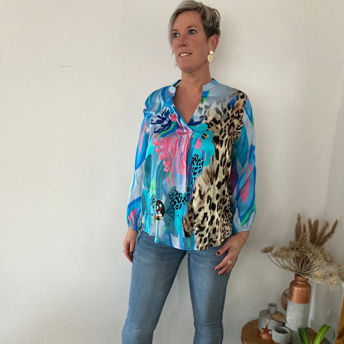 Blouse print multi color blauw