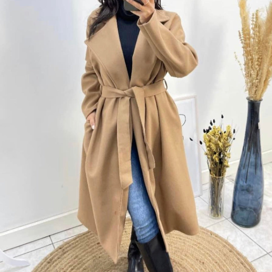 Mantel camel met riem