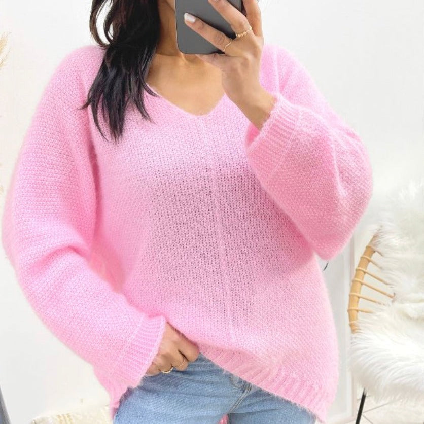 Gebreide trui roze met V-hals