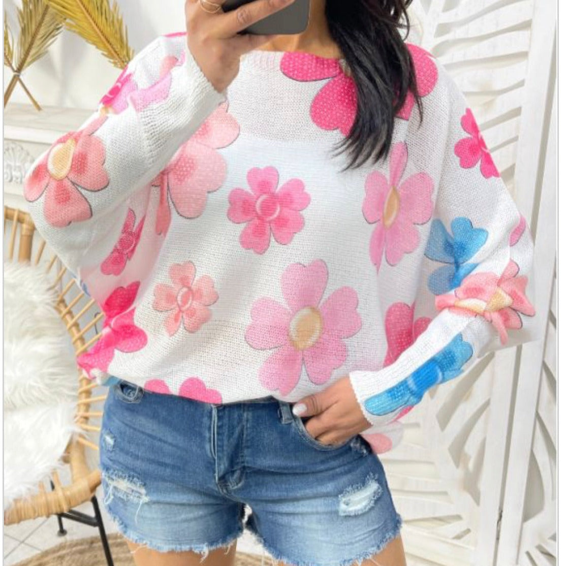 Trui bloemenprint roze