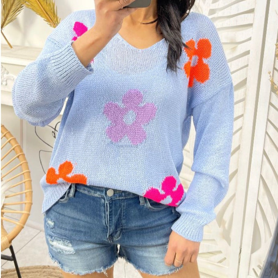 Trui bloemenprint blauw