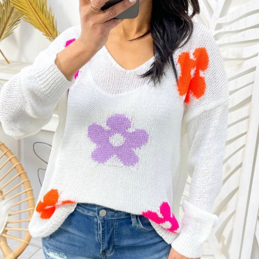 Trui bloemenprint wit