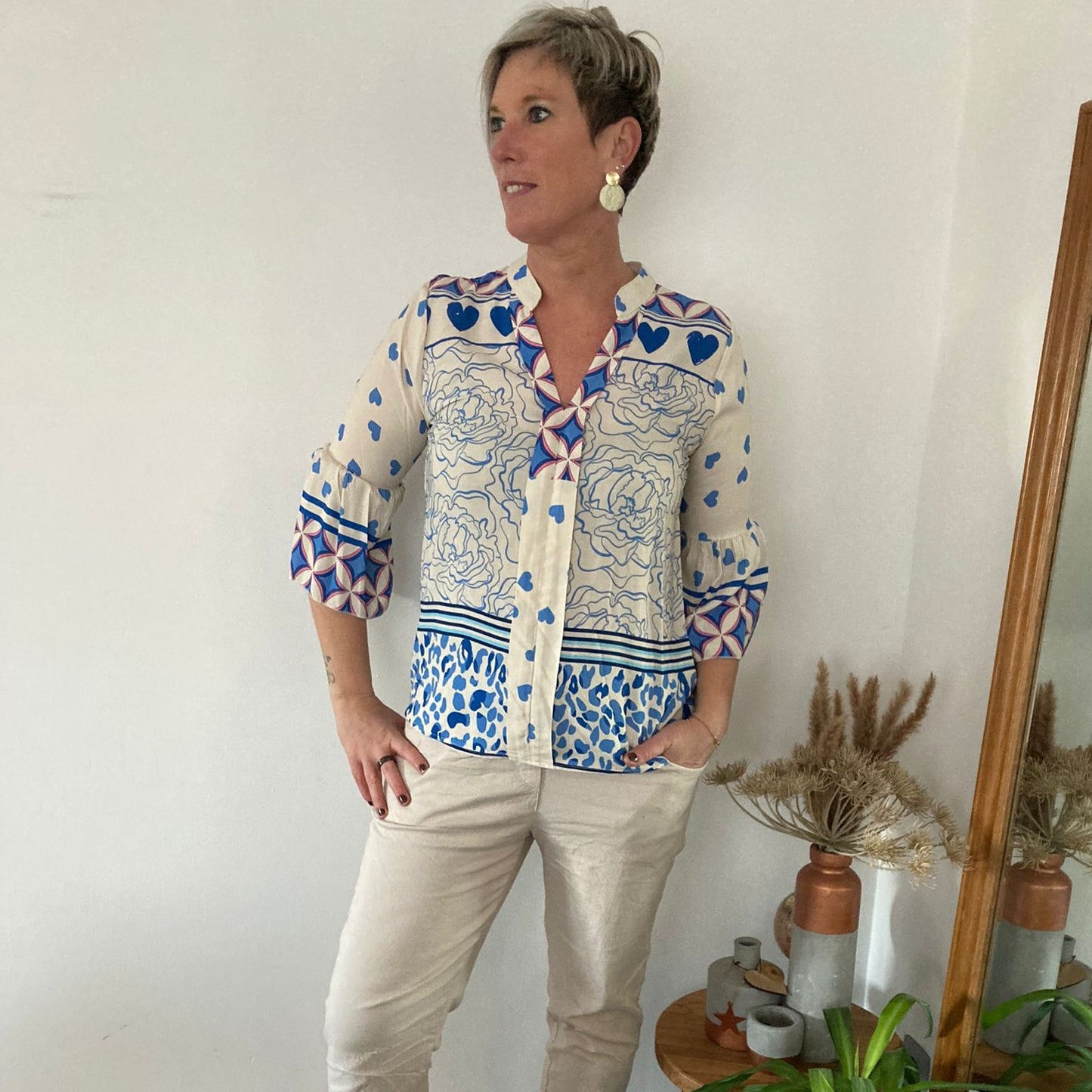 Blouse print beige/blauw