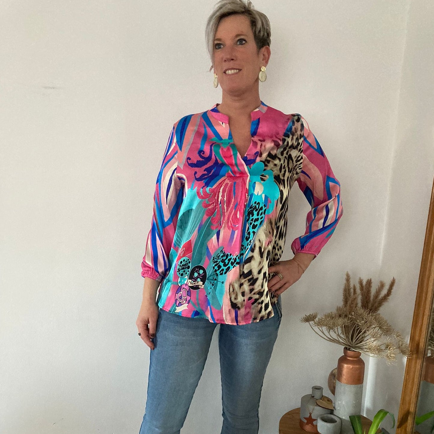 Blouse print multi color roze