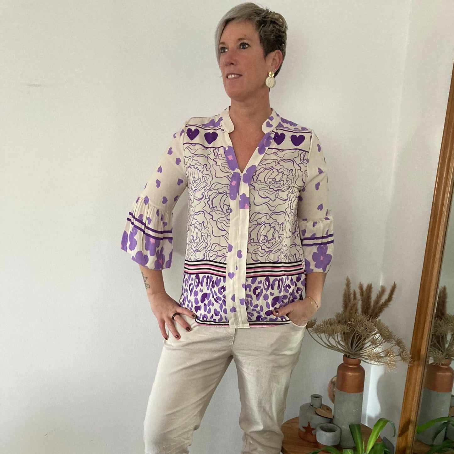 Blouse print beige/paars