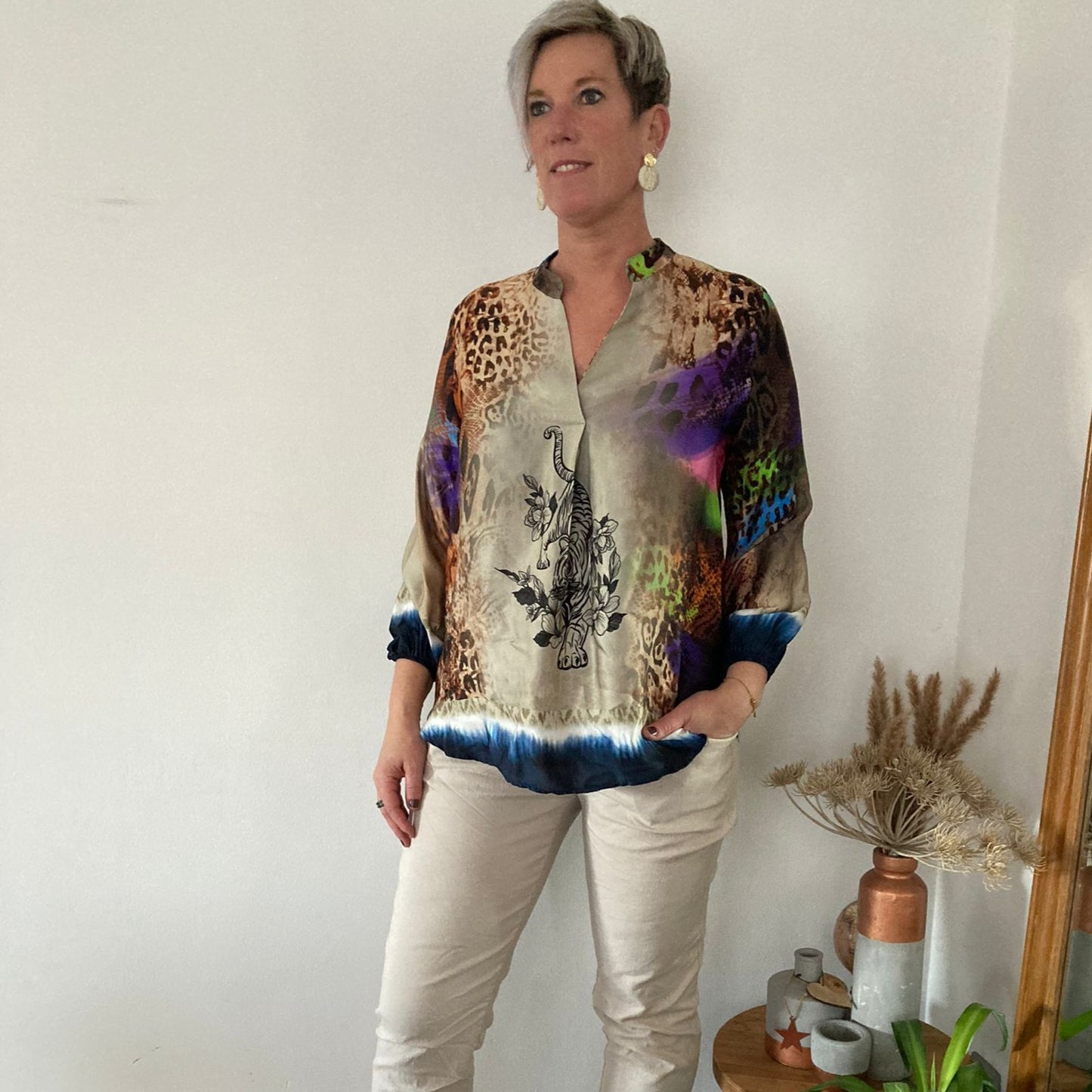 Blouse print multi color beige