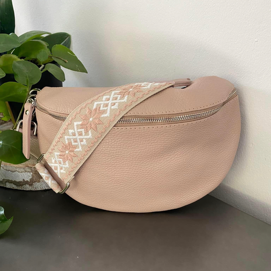 Lederen handtas  beige met gekleurde riem